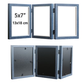 Trifold Picture Frame 5x7 Blue Photo Collage Frame Hinged Triple Foldable Frame Blue for Tabletop Desk Display Gift for Mother, Friend