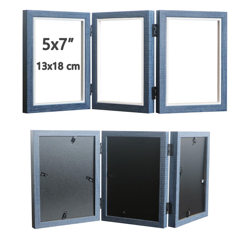 Trifold Picture Frame 5x7 Blue Photo Collage Frame Hinged Triple