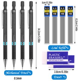 Tikplus Mechanical Pencil 0.5, 4 Pieces Mechanical Pencil Set with 4 Tubes (48 Pieces) Pencil Lead HB Lead Pencil 2 Pieces Eraser Mechanical Pencil for Drawing Writing