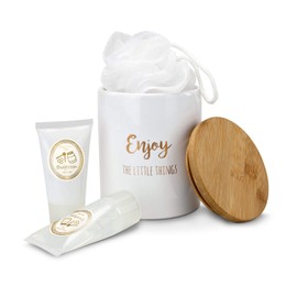 Römer Wellness Enjoy 4 Piece Gift Set: 1 Mesh Sponge, 50 ml Shower Gel & 50 ml Body Lotion in Elegant Ceramic Pot with Gold Embossing for Bathroom, Honey and Milk, Approx. 10.5 x 10.5 x 13 cm