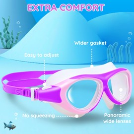 MOMUSE Kids Swimming Goggles, Large Frame for More Comfort, Pool Goggles, Anti-Fog & Wide View & No Leaks, Swimming Goggles for Girls 4-14 (Purple)