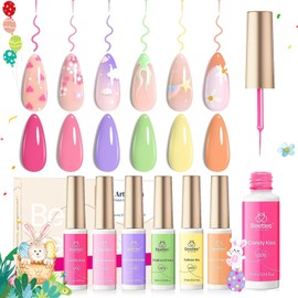 Beetles Nail Art Polish Set, Neon Gel Liner Nail Design Polish Art Kit Paint For Nail 6 Colors Pastel Yellow Green Nude Pink Purple Orange Swirl Built Thin Nail Art Brush Gift for Women