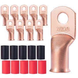 TICONN 10PCS 2/0 Awg -3/8" (M10) Battery Cable Ends, Heavy Duty Copper Battery Lugs, Ring Terminals Wire Lugs Connectors with 3:1 Heat Shrink Tubing for Distribution Box, Golf Carts, Solar Panels