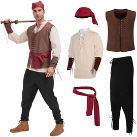 5 Pcs Men's Pirate Costume Set Renaissance Medieval Shirt Vest Banded Pants Viking Belt Headscarf Accessories