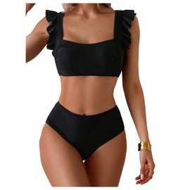 Verdusa Women's 2 Piece Ruffle Bikini Set Square Neck High Waisted Bathing Suit Beachwear