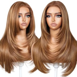 BrownBomb Peluca precortada sin pegamento color miel con flequillo, lista para usar 4/27, sintética en capas 13x6, peluca frontal de encaje HD con mec