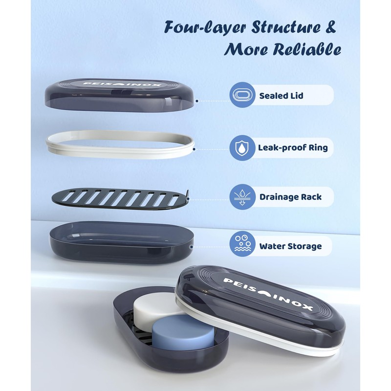 Doter Leakproof Travel Soap Dish with Lid - Draining Soap