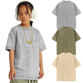 Arssm 3 Pack Boys Girls T-Shirts Cotton Acid Wash Oversized Tees Kids Crewneck Summer Basic Tops(GreyArmyApricot-7Y)