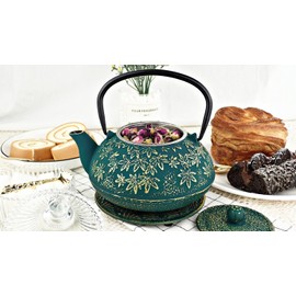 Large Japanese Cast Iron Teapot Capacity 40Oz with Trivet and Loose Leaf Tea Infuser, Cast Iron Tea Kettle Stovetop Safe. Tetsubin Coated with Enamel Interior - Green Teapot