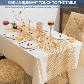 28In x 10 Ft Gold Table Runners, Sheer Chiffon Tulle Cheesecloth with Glitter Metallic Foil, Golden Sequin Gauze Runner for Wedding, Birthday, Baby Shower, Anniversary Party Decor, Striped