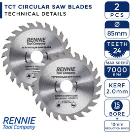 Pack Of 2-85mm x 24T TCT Circular Wood Saw Blade x 15mm Bore + 10mm Reduction Rings Compatible with Worx Worxsaw Bosch Makita Ryobi Makita Circular saws. 24 Teeth Mini Circular Saw Blade