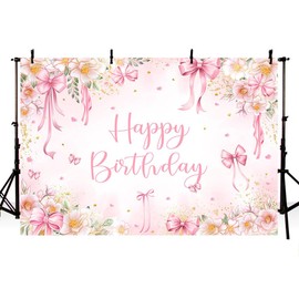 AIBIIN Girl Birthday Backdrop Pink Bow Happy Birthday Party Decoration Floral Bow Girl Birthday Photograph Background Banner Photo Props 7x5ft
