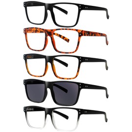 Kerecsen 5 Pack Oversized Reading Glasses Blue Light Blocking Square Large Frame Readers for Men and Women (5 Mix Color 1 Grey Lens, 2.25, x)