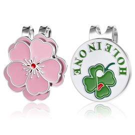 KFHENSOMR Magnetic Golf Ball Marker with Hat Clip, Four-Leaf Clover Pink Flower Shape Ball Markers Accessories Clip Set - Golf Gifts for Women & Men (Pink, Green)