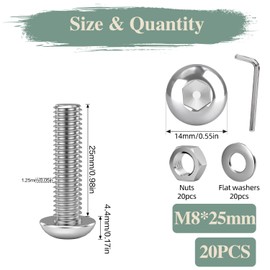 GOHODOMINO M8×25mm Button Head Socket Cap Bolts Screws, Nuts, Flat Washers, 20Pcs, 304 Stainless Steel 18-8, Fully Threaded, with Hex Spanner