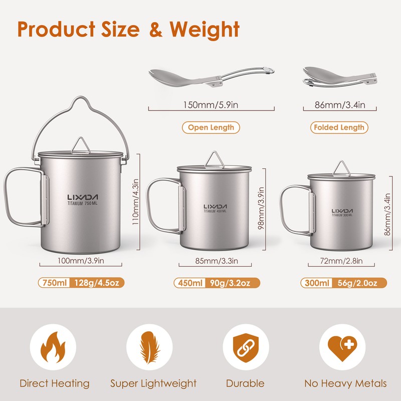 Lightweight Ti 5 Pieces Set Ti 750ml Pot 450ml and
