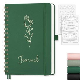 EMSHOI A5 Spiral Dotted Notebook, 5.7”x8.22” PU Leather Hardcover Journal, 140 Pages 100 GSM Dot Grid Paper for Bullet Journaling, Work & Note-Taking – Dark Green