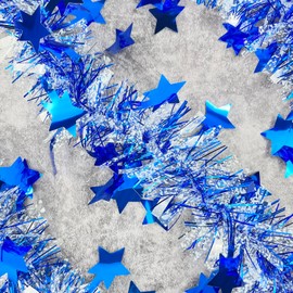 Translucent Blue Christmas Tinsel Garland, 10m/32.8ft Chunky/Fine Christmas Tree Hanging Tinsel Decoration Metallic Tinsel Christmas Decoration Tinsel for Christmas Tree Decor (Translucent Blue Star)