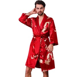 Haseil Men's Satin Robe Luxury Silk Kimono Robe Long Sleeve Bathrobe Soft Loungewear Lightweight House Coat with Belt, Rosered, Tagsize2XL=UssizeL