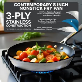Viking Contemporary 3-Ply Non Stick Frying Pan, 8 Inch Stainless Steel Nonstick Fry Pan, 3 Liters, Silver