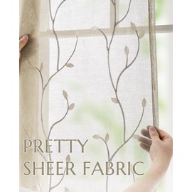 jinchan Beige Sheer Linen Curtains for Bedroom, 96 Inch Length Floral Embroidered Semi Sheer Privacy Drapes for Living Room Embroidery Voile Transparent Back Tab Window Treatments 2 Panels