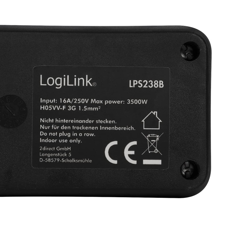 LogiLink LPS238B Power Strip with 6 Earthing Contact Sockets (45°