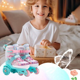 HYKID Toddler Roller Skates 4 Adjustable Sizes Fun Illuminating Safety Three-Point Type Breathable Upper, Beginner Roller Skates for Girls Kids Butterfly XS-Small 8-10.5