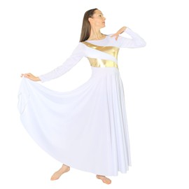 Danzcue Womens Metallic Worship Dance Dress, Metallic Bicolor Full Length Praise Dance Dress, White-Gold, XL