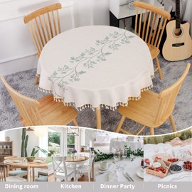SUCHDECO Round Tablecloth 120 cm Washable Linen Cotton Beige Tablecloth Wrinkle-Free Dustproof with Green Embroidered Leaves, Tassels for Kitchen, Dining Room, Dining Table, Coffee Table, Garden Table