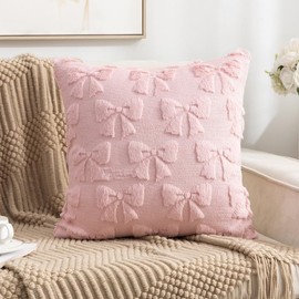 set of 2 Pink Cushion Covers 45 x 45 Bow Pillow Covers Cute soft Faux Fur Soft Preppy Pillows Square-bow patterned Stuff Fluffy Plush Aesthetic Pillows for Sofa Bed Couch