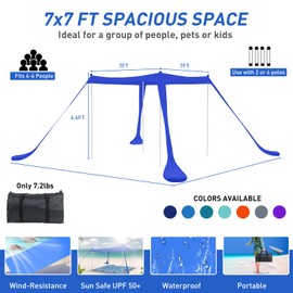 Zeepair Beach Tent Pop Up Shade Canopy Sun Shelter UPF50+ with 4 Stability Poles/Carry Bag/Ground Pegs/Sand Shovel/Windproof Ropes Portable Outdoor Family Sunshade for Beach Camping (Navy Blue, 7×7FT)