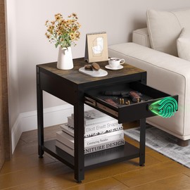 Night Stand with Gun Drawer - Bedside Table with Fingerprint Hidden Compartment Biometric Nightstand Locking Modern End/Side Table for Bedroom/Living Room (Brown)