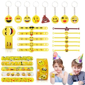 JOYUE Emoji Party Bag Set, Emoji Key Chain, Emoji Bracelets, Emoji Slap Bands for Children, Party Bags, Children's Birthday Parties, Pack of 28