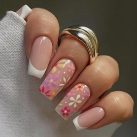 BABALAL Press on Nails Long Square Fake Nails Pink French Tip Glue on Flower 24Pcs Squoval Manicure False Acrylic Nails Summer Full Cover Artificial for Women