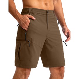 Pudolla Men's Hiking Cargo Shorts 9" Lightweight Outdoor Work Shorts for Men Travel Golf Camping Casual with 5 Zipper Pockets(Brown Medium)