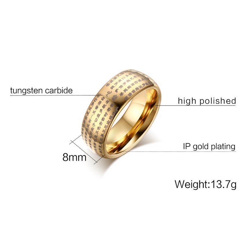 Rockyu Men's Tungsten Ring, Engraved, Heart Sutra, Buddha Sutra Ring,