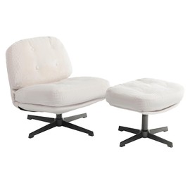 HollyHOME Modern 360°Swivel Accent Chair with Ottoman, Upholstered Comfy Reading Chair and Footstool, Fabric Lazy Chair with Soft Cushion, Lounge Sofa Chair for Living Room, Bedroom, Beige