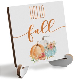Hello Fall Sign Pumpkin Autumn Thanksgiving Fall Decor Rustic Wooden Desk Decor Inspirational Fall Quotes for Home Farmhouse Office Table Seasonal Harvest Decoration Plaque with Wood Stand Holder