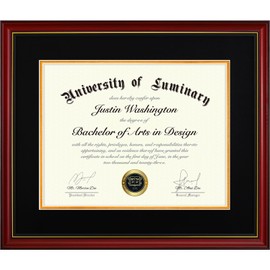 Luminary 15x18 Wood Diploma Frame with 11x14 Opening Black Mat for College Degree Certificate Document, Cherry Red Color Wooden Frame with Tempered Glass Panel for Wall Mount Display