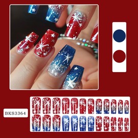 4th of July Independence Day Press on Nails Medium Square Full Cover Acrylic Stars Artificial Fingernails July 4th Full Cover Red Blue Smudge Press Ons Stick on Nail Patriotic Glue on Nail for Women