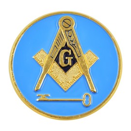 International Freemason Square & Compass with Key Round Blue & Gold Masonic Auto Emblem - 3" Diameter