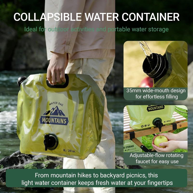 Collapsible Water Container 8L/2.1 Gallon Camping Water Jug with Adjustable