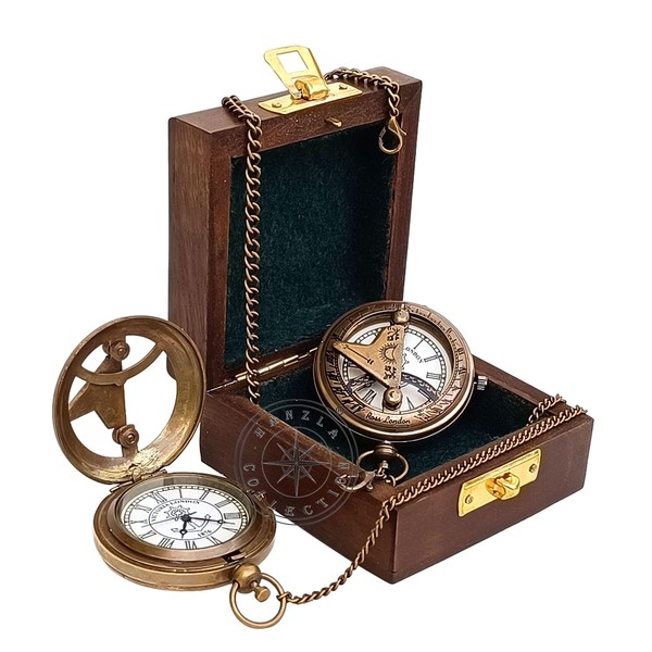 Hanzla Collection Vintage Maritime Push Button Brass Sundial Antique Nautical Victoria London Pocket Watch With Wooden Box
