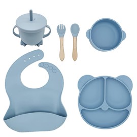 Juego de Alimentación para Bebés de 6 Piezas de Silicona Antideslizante con Ventosas, Libre de BPA y Apto para Microondas, Antideslizante A Prueba de Fugas Fácil de Limpiar, Baberos De Silicona Platos