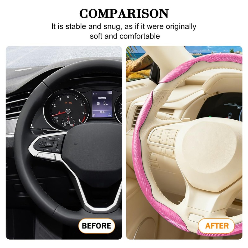 3PCS Carbon Fiber Car Steering Wheel Cover, Leather Segmented Anti-Skid
