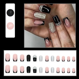 24Pcs Black French Tips Press on Nails Short Square Fake Nails Coffin Nails Tips Full Cover False Nails with Rhinestones Silver Glitter Designs Glossy Acrylic Nails Glue on Nails for Women Nail Decor