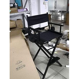 OmySalon Upgraded 31" Height Tall Director Chair Folding Artist Makeup with Replacement Cover Canvas, Storage Side Bags, Portable Footrest, Support 250 lbs,Solid Hardwood & Polyester Black