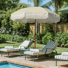 AMMSUN 7ft Patio Umbrella with Fringe Outdoor Tassel Umbrella UPF50+ Premium Steel Pole and Ribs Push Button Tilt, Light Beige