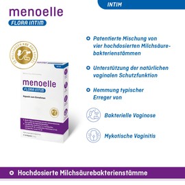 menoelle® Flora intim: Milchsäurebakterien, Lactobazillen, 4 Stämme 15 Mrd. KBE + Biotin. Probiotics. Gegen vaginale Infektionen: bei bakterieller Vaginose, Scheidenpilz, Ausfluss, Geruch. 14 Kapseln