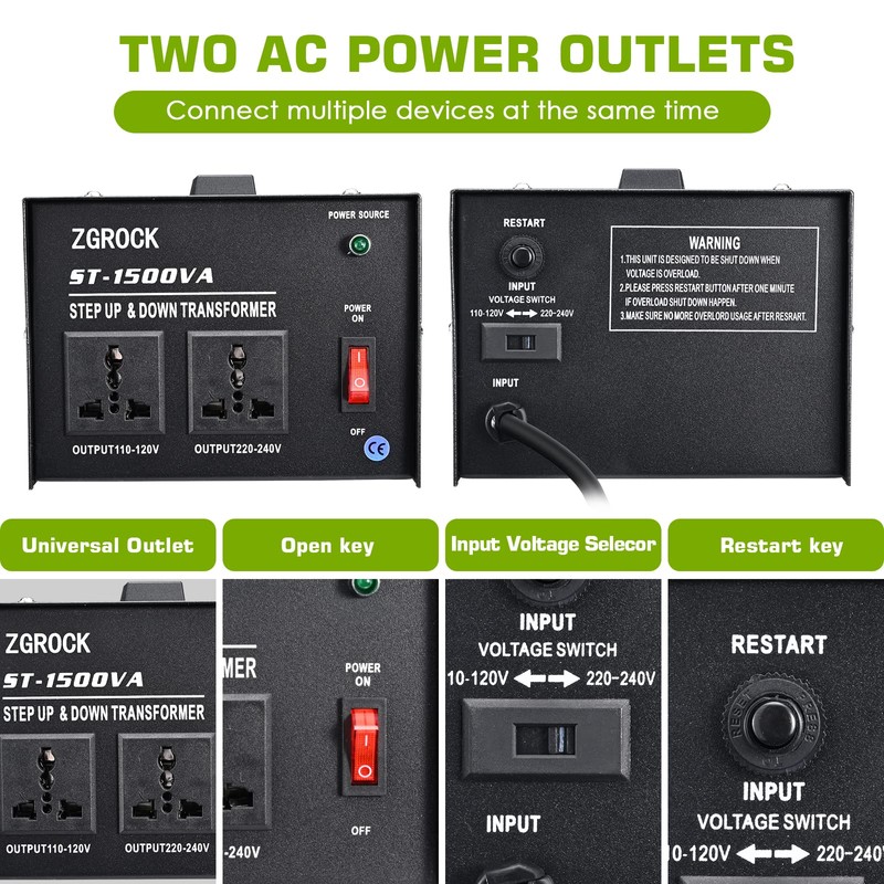 ZGROCK 1500W Voltage Converter Transformer Heavy Duty Step Up/Down- 110